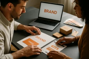 Small business owner and designer reviewing printed brand materials and digital mockups with orange accents at a charcoal desk