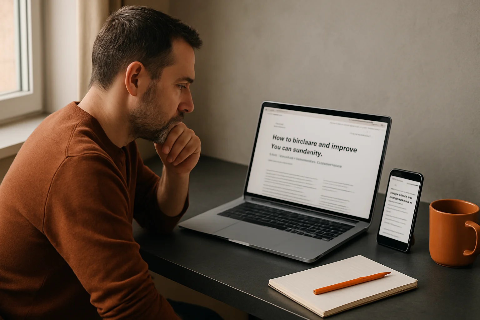 Small business owner reviewing website on laptop and smartphone at a charcoal desk with orange accents.