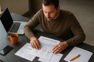 Small business owner reviewing social media analytics and content calendar at a charcoal desk with orange accents in a bright office.