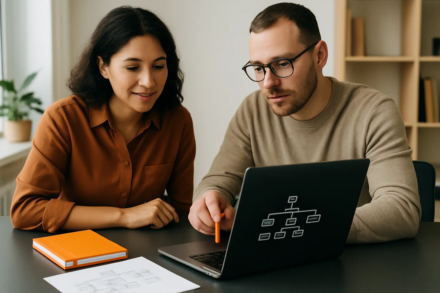 Small business owner and SEO consultant reviewing website structure on a laptop with printed sitemap and orange-accented stationery.