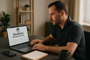 Small business owner reviewing a website security checklist on a laptop at a desk with orange-accented stationery.