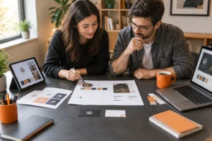 Small business owner and designer reviewing a printed brand style guide with color swatches and logo sketches at a charcoal desk, with orange accents and natural daylight.