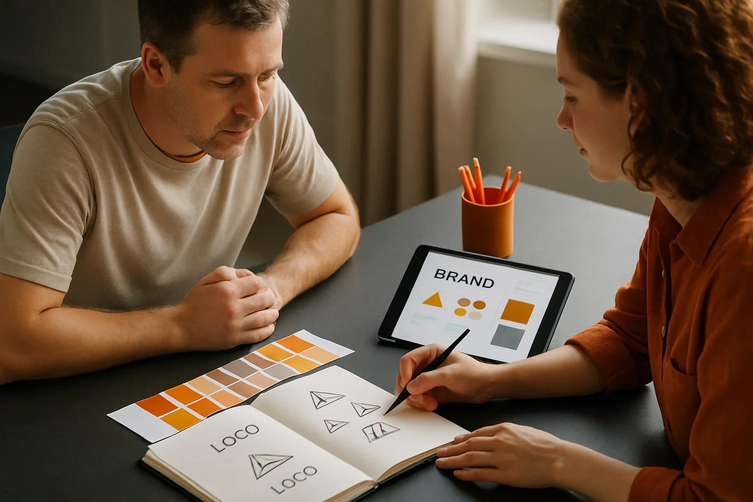 Small business owner and designer reviewing branding graphics at a charcoal desk with logo sketches, color swatches, and a tablet.