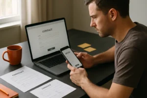 Small business owner reviewing contact page design on laptop and phone at a charcoal desk with orange accents.