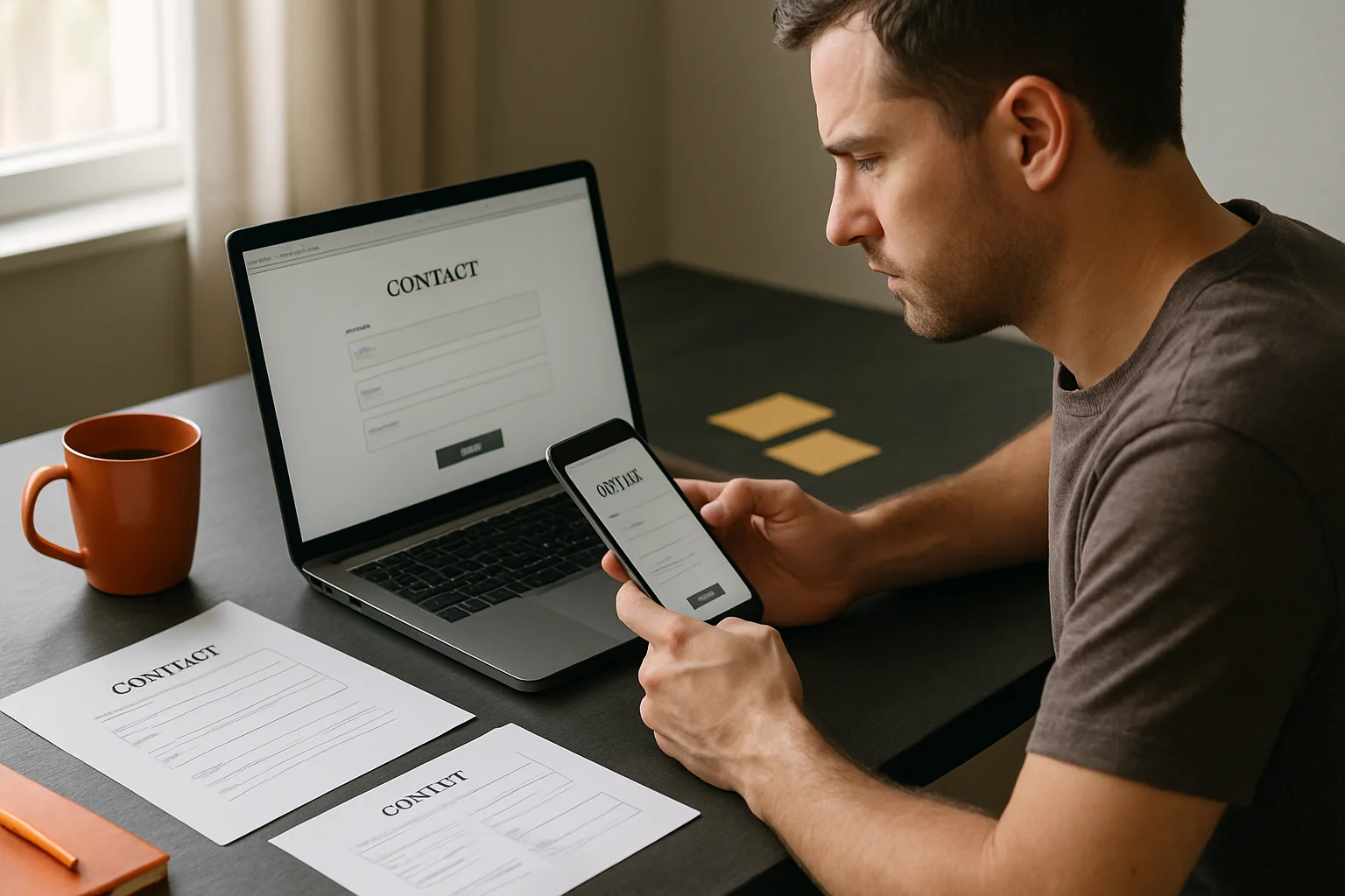 Small business owner reviewing contact page design on laptop and phone at a charcoal desk with orange accents.