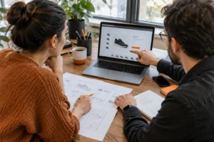 Small business owner and web developer reviewing ecommerce website plans at a desk with laptop and wireframe sketches.