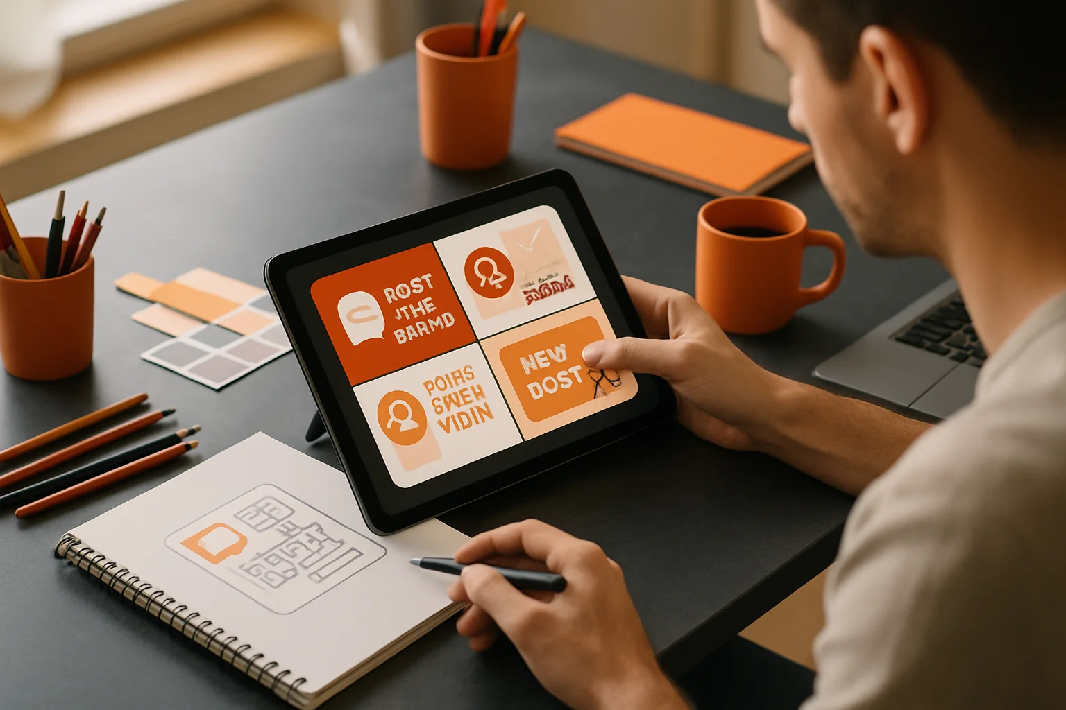 Small business owner reviewing custom social media graphics at a charcoal desk with orange accents, tablet, sketchbook, and laptop in natural daylight.