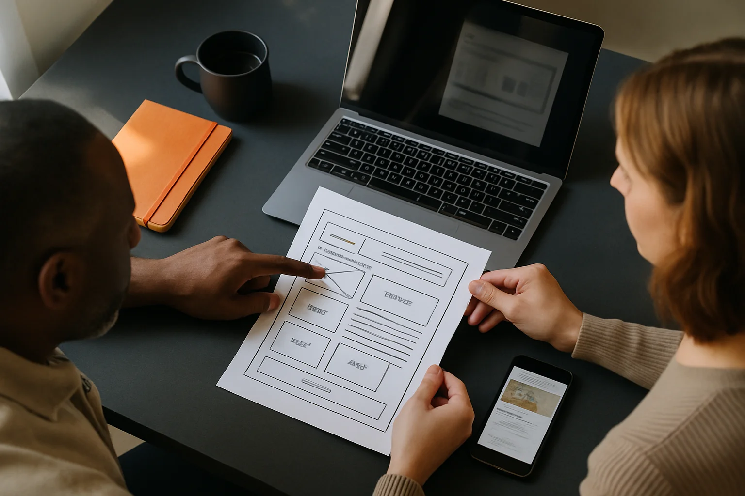 Small business owner and web designer reviewing website wireframes and a laptop at a charcoal desk with orange accents and natural daylight.