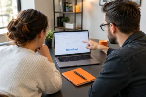 Small business owner and consultant reviewing website analytics together at a desk with a laptop, orange notebook, and warm daylight.
