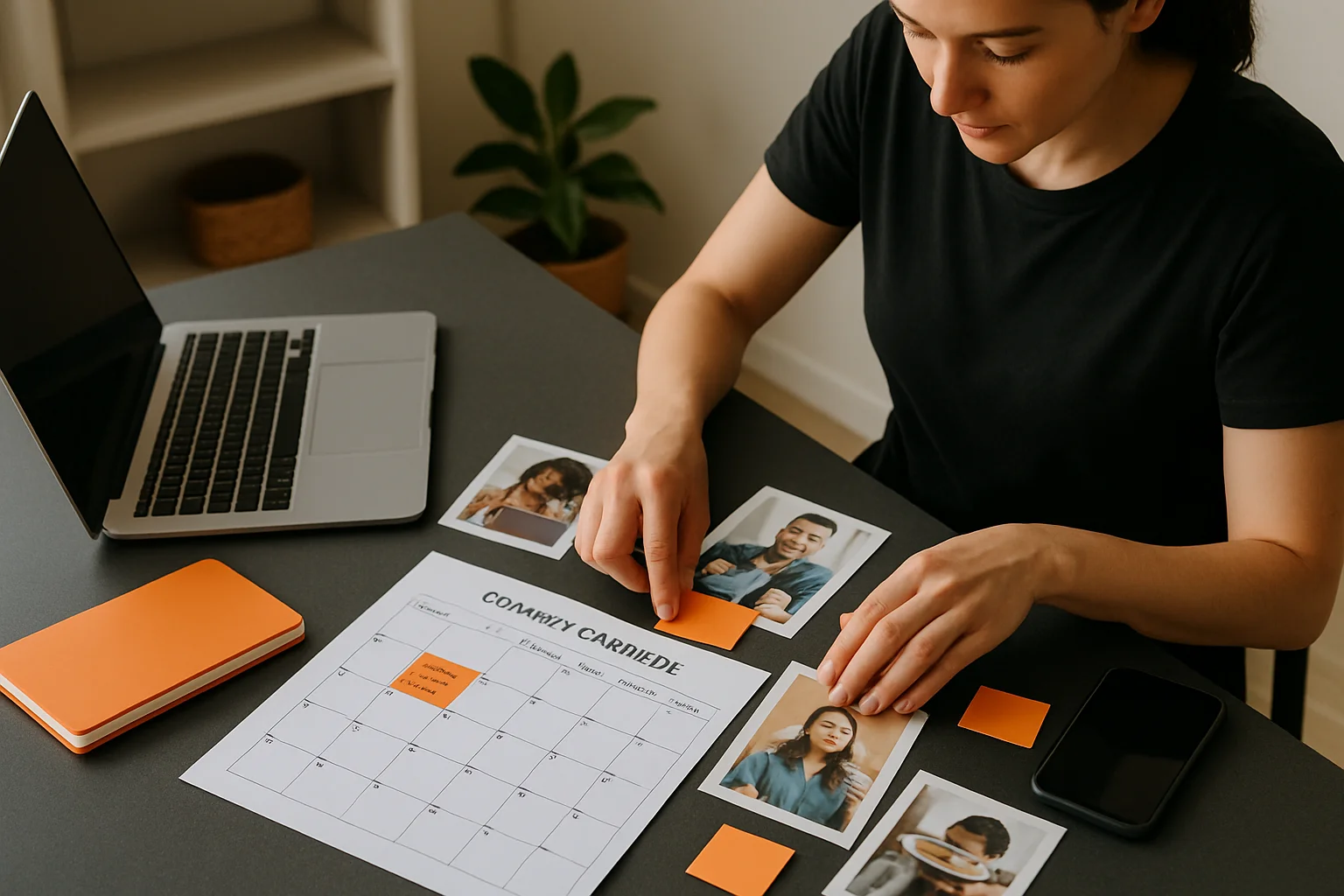 Small business owner organizing a content calendar and social media props at a bright desk with orange and charcoal accents.