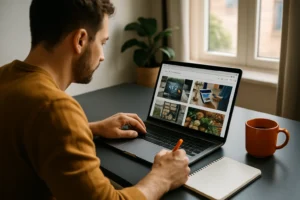 Small business owner reviewing website images on a laptop at a charcoal desk with an orange coffee mug and pen in a bright office.
