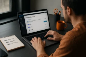Small business owner integrating a payment gateway on a laptop at a modern desk with orange-accented stationery.