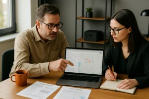 Small business owner and consultant reviewing multi-location SEO strategies on a laptop at a desk with papers and an orange coffee mug.