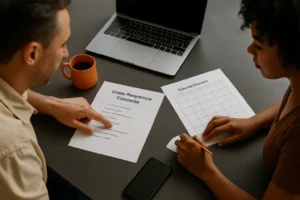 Small business owner and team member reviewing a crisis response checklist and content calendar at a charcoal desk with orange accents.