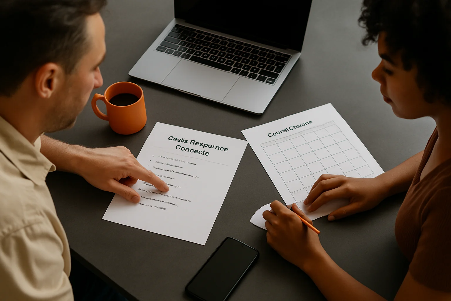 Small business owner and team member reviewing a crisis response checklist and content calendar at a charcoal desk with orange accents.