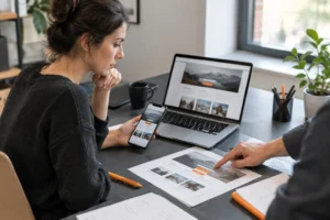 Small business owner and designer reviewing website call to action layouts on laptop and phone at a charcoal desk with orange-accented stationery.