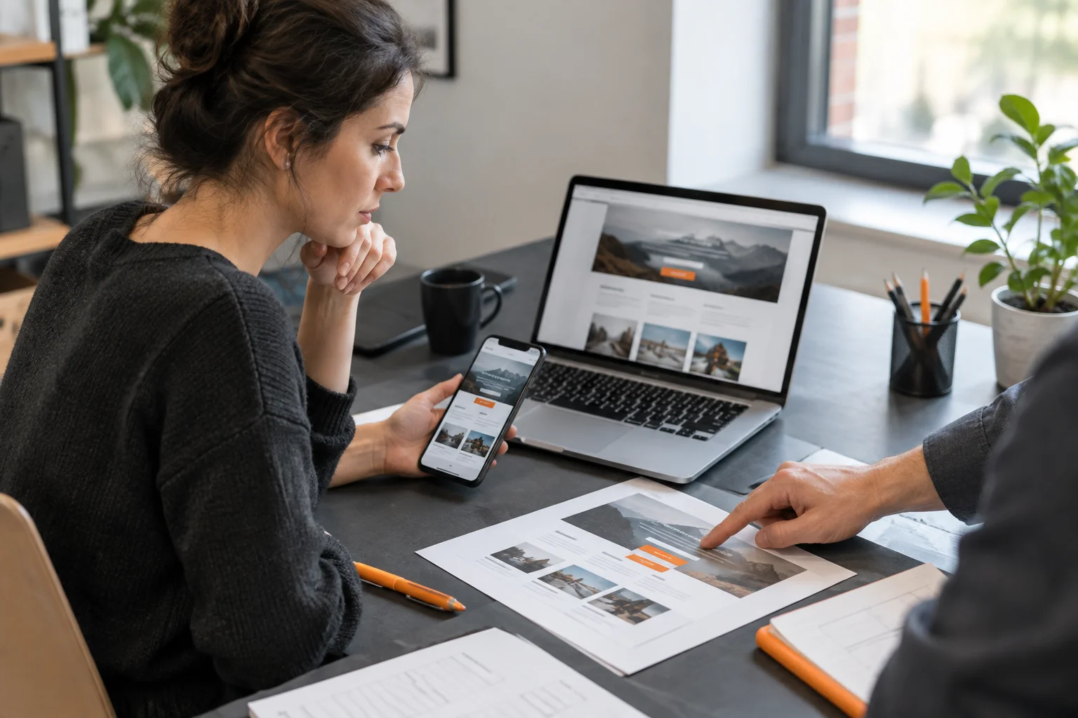 Small business owner and designer reviewing website call to action layouts on laptop and phone at a charcoal desk with orange-accented stationery.